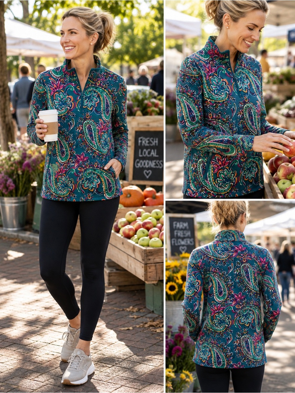 T by Talbots Paisley Half Zip Pullover Cotton Terry Activewear Top Small